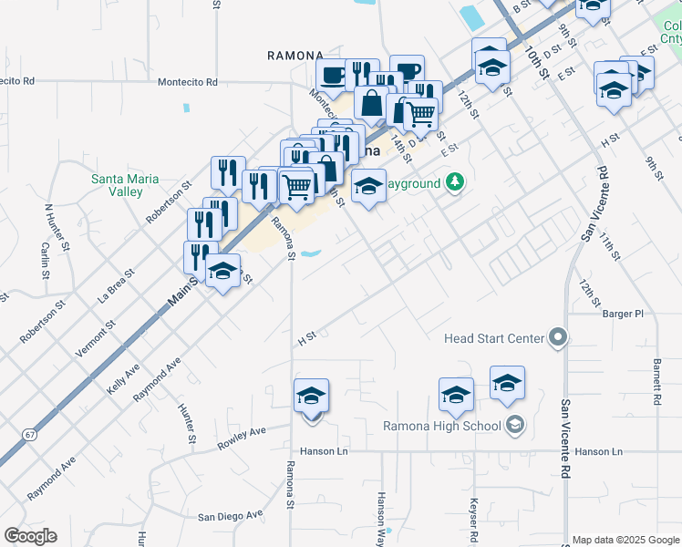 map of restaurants, bars, coffee shops, grocery stores, and more near 1650 Parker Lane in Ramona
