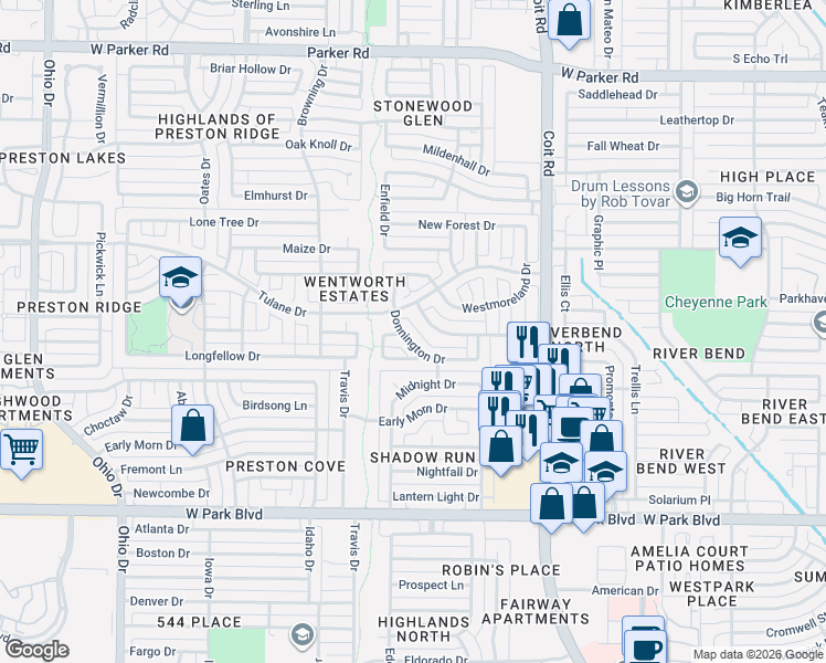 map of restaurants, bars, coffee shops, grocery stores, and more near 4229 Donnington Drive in Plano