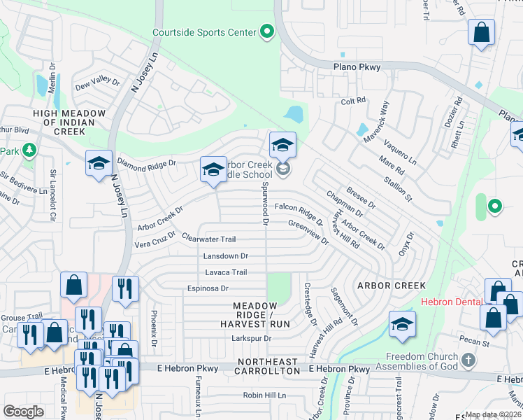 map of restaurants, bars, coffee shops, grocery stores, and more near 2101 Falcon Ridge Drive in Carrollton