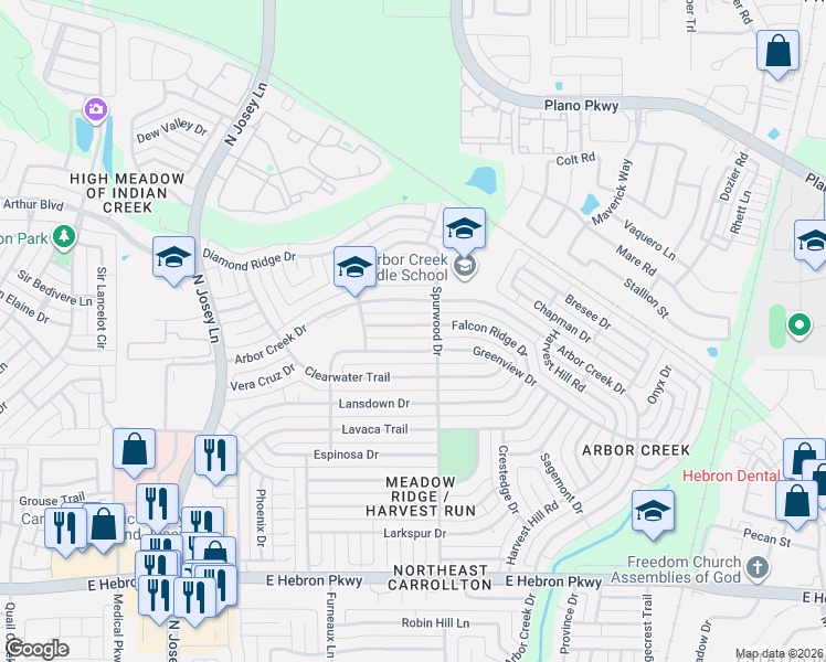 map of restaurants, bars, coffee shops, grocery stores, and more near 2025 Falcon Ridge Drive in Carrollton