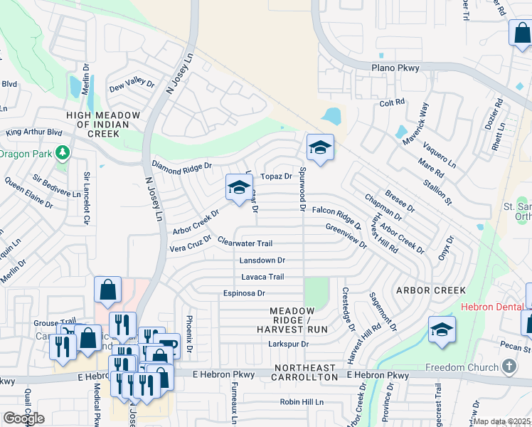 map of restaurants, bars, coffee shops, grocery stores, and more near 2014B Falcon Ridge Drive in Carrollton