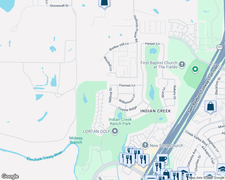 map of restaurants, bars, coffee shops, grocery stores, and more near 4317 Robbins Drive in Carrollton