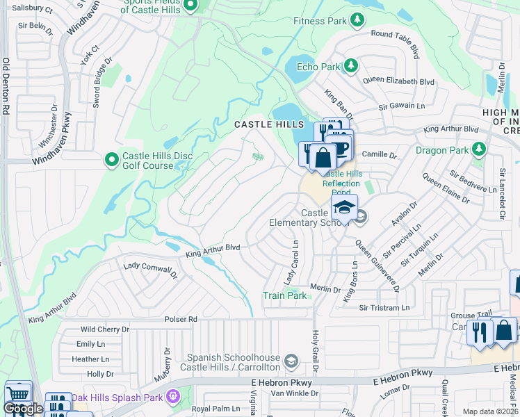 map of restaurants, bars, coffee shops, grocery stores, and more near 1134 King Mark Drive in Lewisville