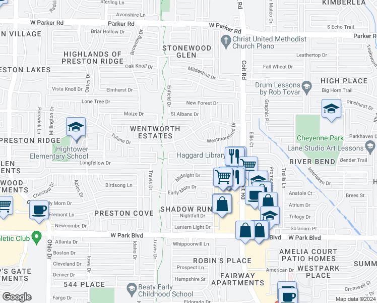 map of restaurants, bars, coffee shops, grocery stores, and more near 4208 Rockingham Way in Plano