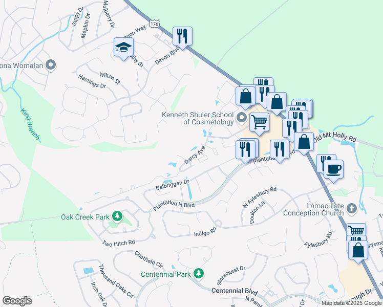 map of restaurants, bars, coffee shops, grocery stores, and more near 136 Darcy Avenue in Goose Creek