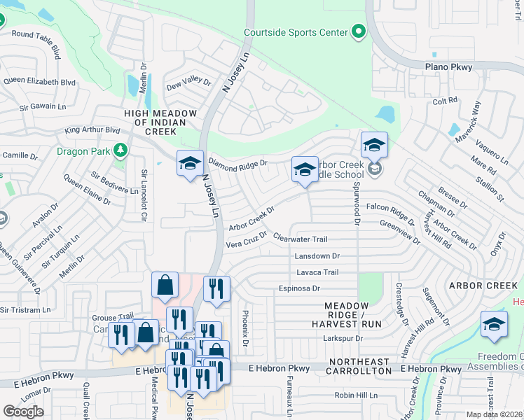 map of restaurants, bars, coffee shops, grocery stores, and more near 2003 Arbor Creek Drive in Carrollton