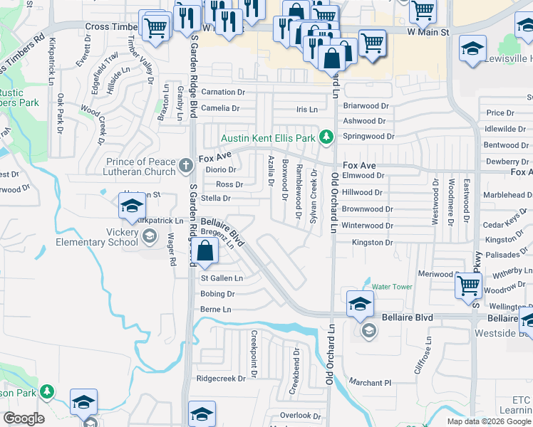 map of restaurants, bars, coffee shops, grocery stores, and more near 952 Azalia Drive in Lewisville