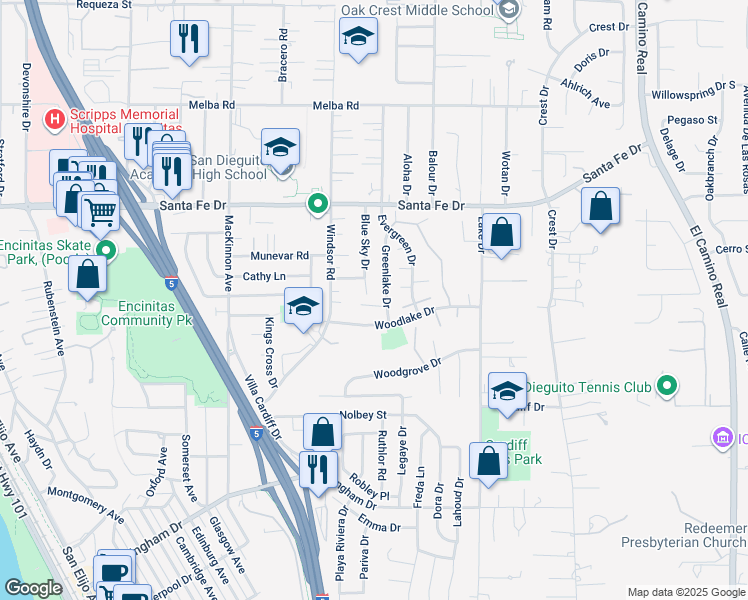 map of restaurants, bars, coffee shops, grocery stores, and more near 954 Greenlake Court in Encinitas