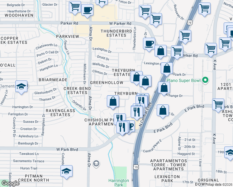 map of restaurants, bars, coffee shops, grocery stores, and more near 900 Redondo Cir in Plano