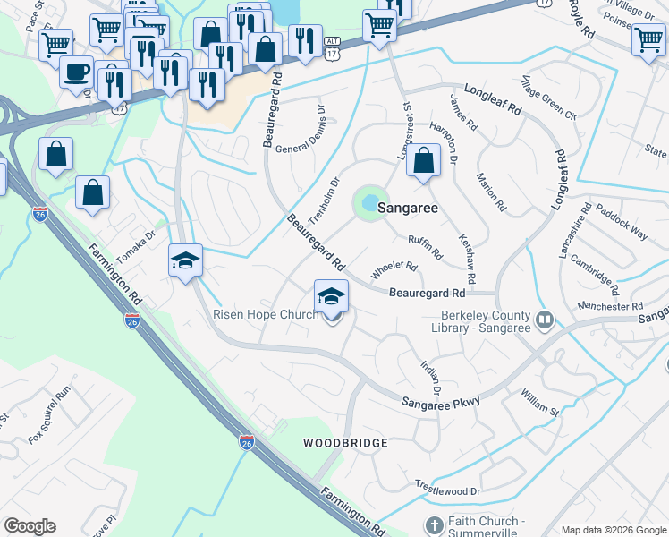 map of restaurants, bars, coffee shops, grocery stores, and more near 608 Beauregard Road in Summerville