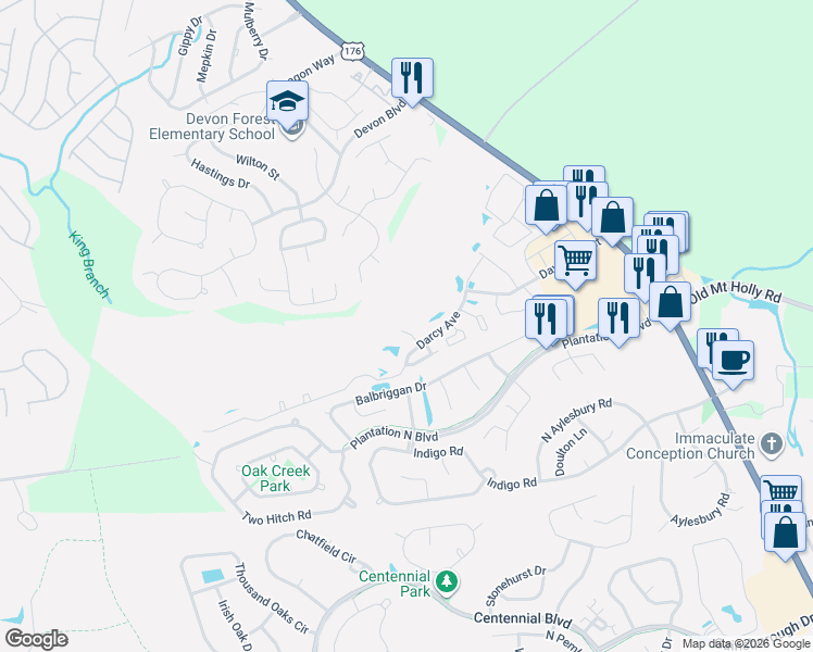 map of restaurants, bars, coffee shops, grocery stores, and more near 108 Madison Court in Goose Creek