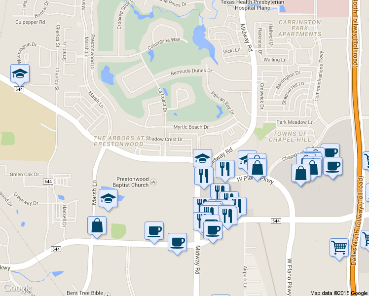 map of restaurants, bars, coffee shops, grocery stores, and more near 6609 Oakmont Ct in Plano