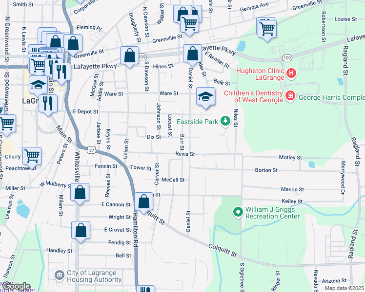 map of restaurants, bars, coffee shops, grocery stores, and more near 204 Burr Street in LaGrange