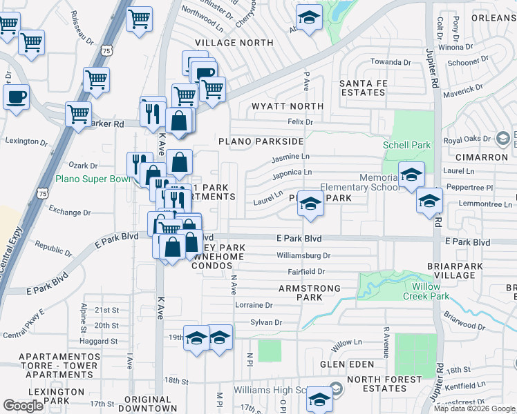 map of restaurants, bars, coffee shops, grocery stores, and more near 1504 Laurel Ln in Plano