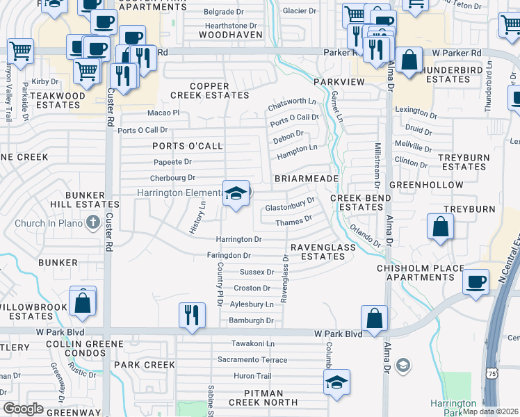 map of restaurants, bars, coffee shops, grocery stores, and more near 2417 Adderberry Lane in Plano