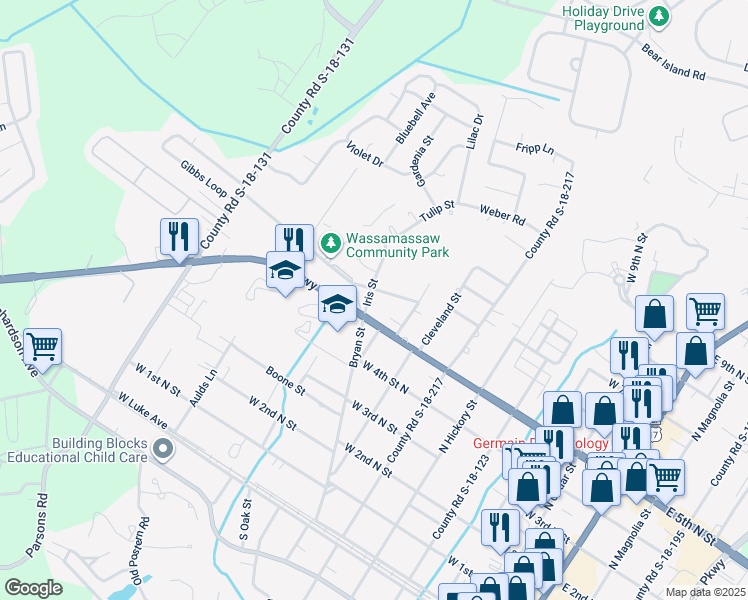 map of restaurants, bars, coffee shops, grocery stores, and more near 112 Wylie Street in Summerville