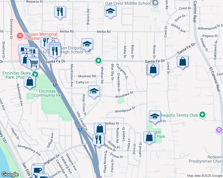 map of restaurants, bars, coffee shops, grocery stores, and more near 938 Greenlake Court in Encinitas