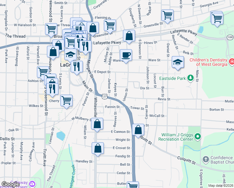 map of restaurants, bars, coffee shops, grocery stores, and more near 205 Keyes Street in LaGrange