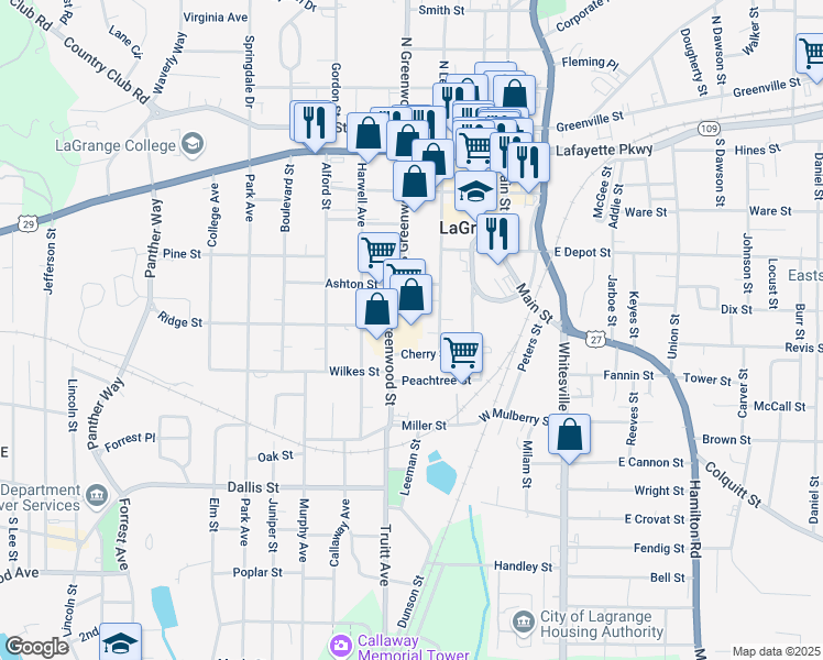 map of restaurants, bars, coffee shops, grocery stores, and more near 523 South Greenwood Street in LaGrange