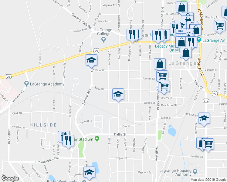 map of restaurants, bars, coffee shops, grocery stores, and more near 803 Ridge Street in LaGrange
