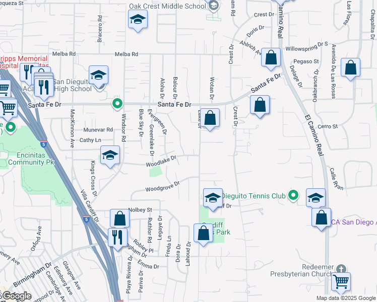 map of restaurants, bars, coffee shops, grocery stores, and more near 1128 Woodlake Drive in Encinitas