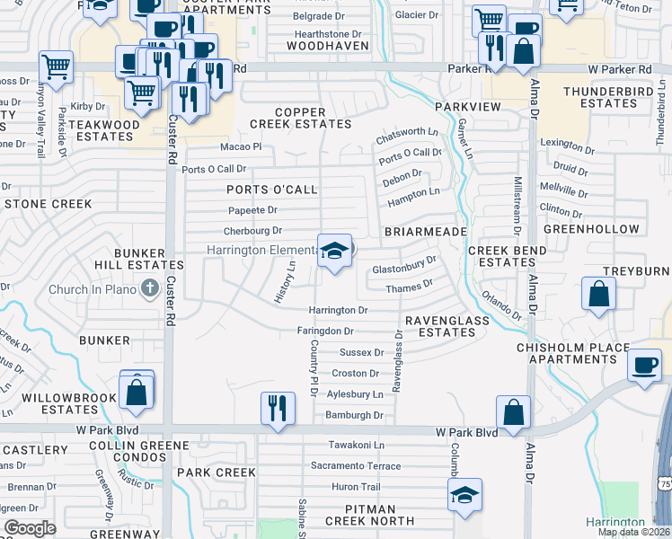 map of restaurants, bars, coffee shops, grocery stores, and more near 1540 Baffin Bay Drive in Plano