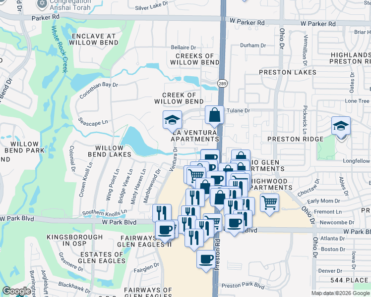 map of restaurants, bars, coffee shops, grocery stores, and more near 2600 Ventura Drive in Plano
