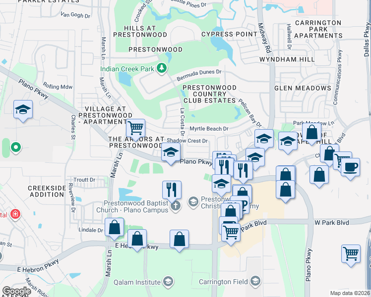 map of restaurants, bars, coffee shops, grocery stores, and more near 6637 Oakmont Court in Plano