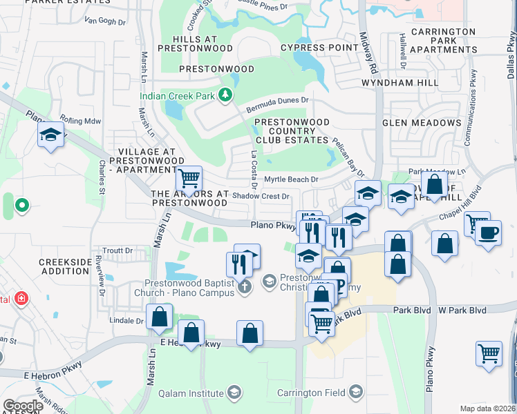 map of restaurants, bars, coffee shops, grocery stores, and more near 6637 Oakmont Court in Plano