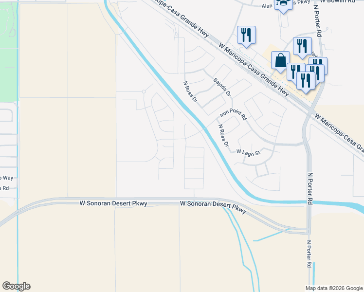 map of restaurants, bars, coffee shops, grocery stores, and more near 17170 North Rosa Drive in Maricopa