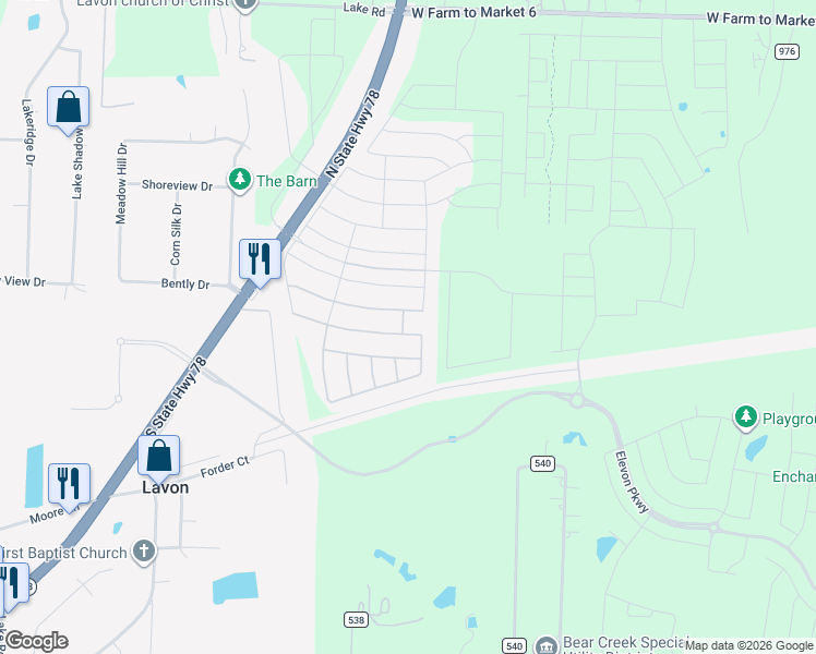 map of restaurants, bars, coffee shops, grocery stores, and more near 403 Cyprus Grove Drive in Lavon