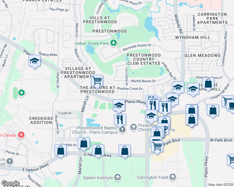 map of restaurants, bars, coffee shops, grocery stores, and more near 6721 Waterway Court in Plano