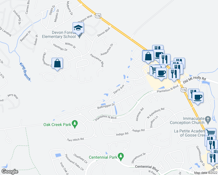 map of restaurants, bars, coffee shops, grocery stores, and more near 108 Madison Court in Goose Creek