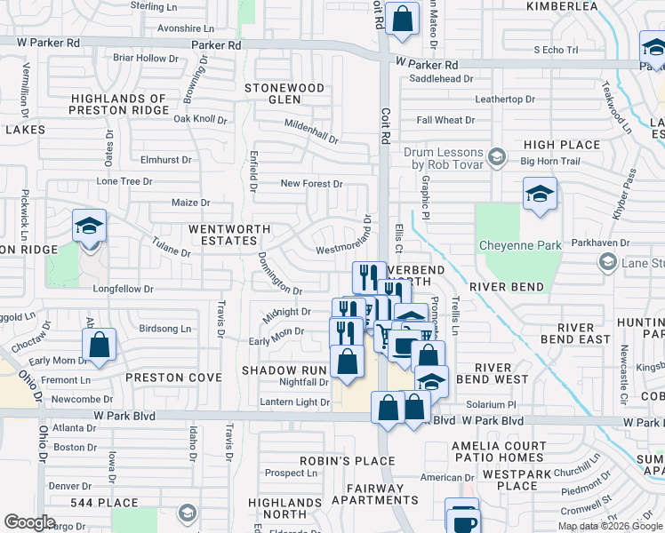 map of restaurants, bars, coffee shops, grocery stores, and more near 4101 Rockingham Way in Plano