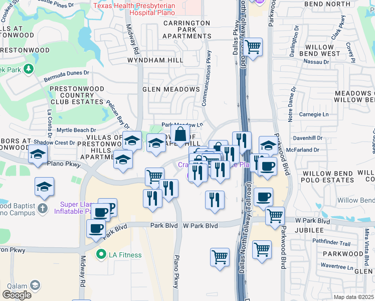 map of restaurants, bars, coffee shops, grocery stores, and more near 6205 Chapel Hill Boulevard in Plano