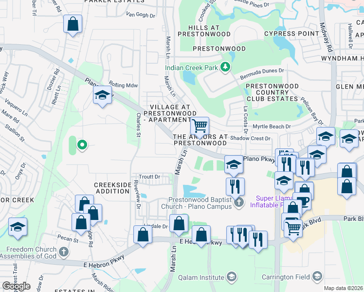 map of restaurants, bars, coffee shops, grocery stores, and more near 700 Plano Parkway in Plano