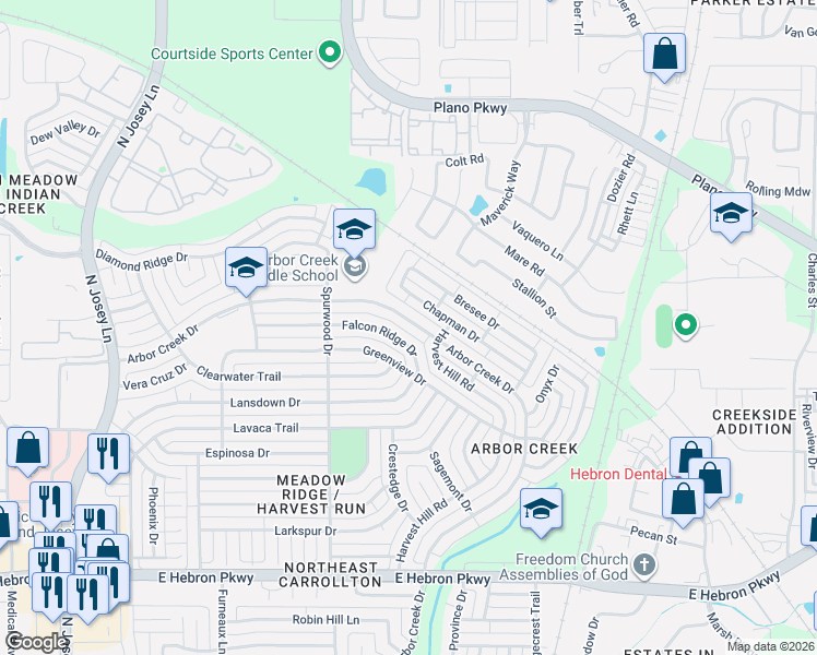 map of restaurants, bars, coffee shops, grocery stores, and more near 2144 Arbor Creek Drive in Carrollton