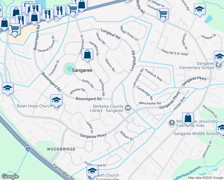 map of restaurants, bars, coffee shops, grocery stores, and more near 522 Longleaf Road in Summerville