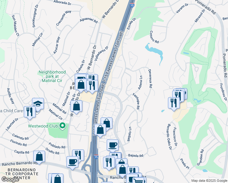 map of restaurants, bars, coffee shops, grocery stores, and more near 11855 Caminito Ronaldo in San Diego
