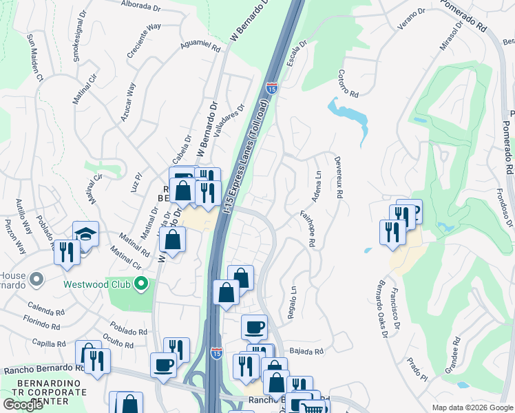 map of restaurants, bars, coffee shops, grocery stores, and more near 11855 Caminito Ronaldo in San Diego