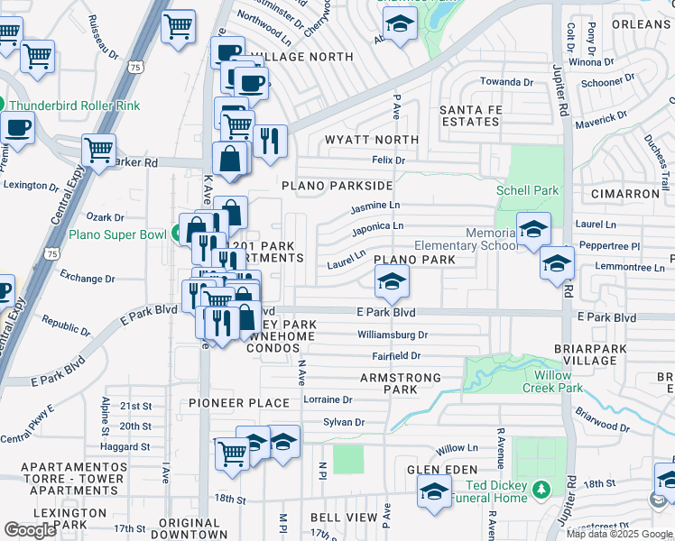map of restaurants, bars, coffee shops, grocery stores, and more near 1508 Laurel Lane in Plano