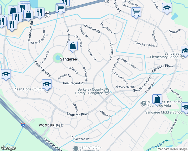 map of restaurants, bars, coffee shops, grocery stores, and more near 522 Longleaf Road in Summerville
