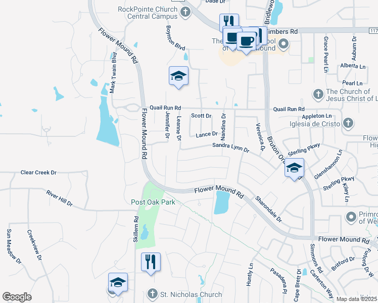 map of restaurants, bars, coffee shops, grocery stores, and more near 4521 Sandra Lynn Drive in Flower Mound