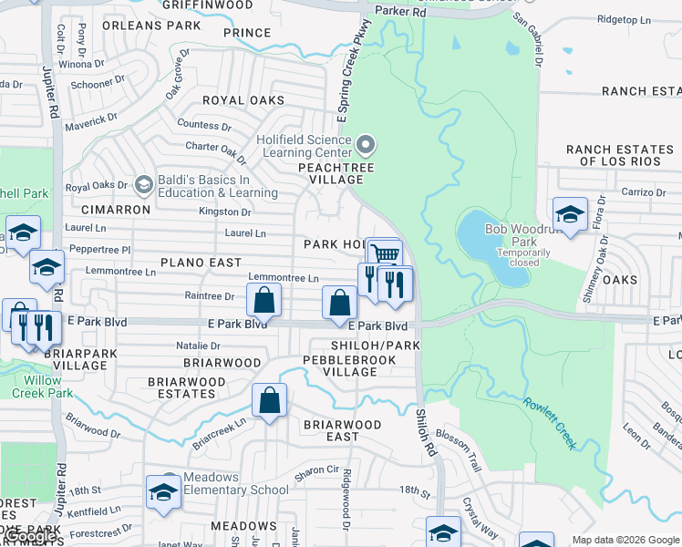 map of restaurants, bars, coffee shops, grocery stores, and more near 3303 Lemmontree Lane in Plano