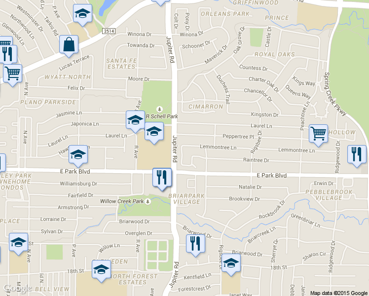 map of restaurants, bars, coffee shops, grocery stores, and more near 2608 Figtree Lane in Plano