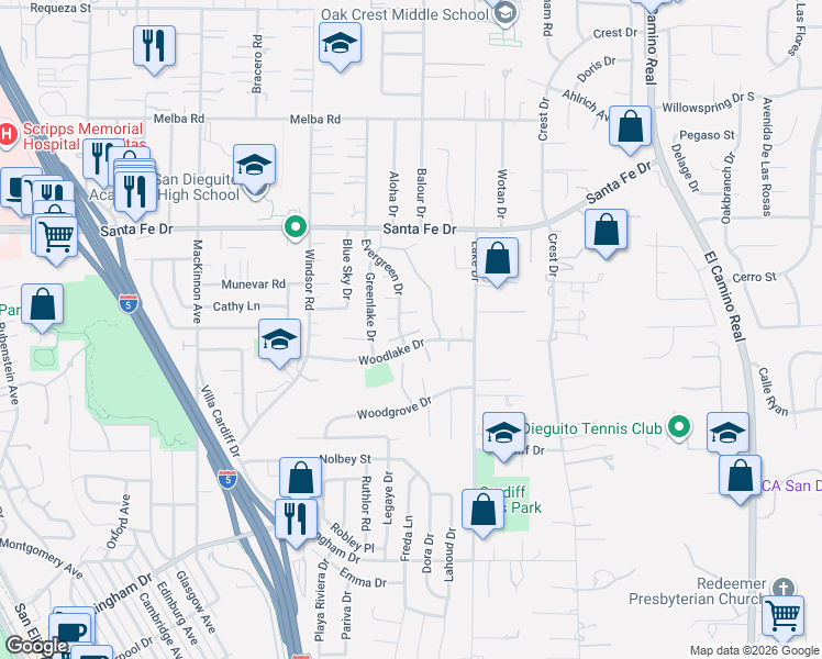 map of restaurants, bars, coffee shops, grocery stores, and more near 1436 Caminito Septimo in Encinitas