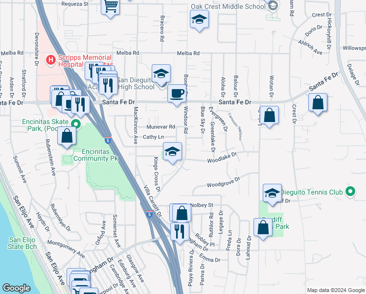 map of restaurants, bars, coffee shops, grocery stores, and more near 1386 Windsor Road in Encinitas