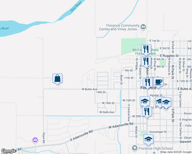 map of restaurants, bars, coffee shops, grocery stores, and more near 176 North Sycamore Street in Florence