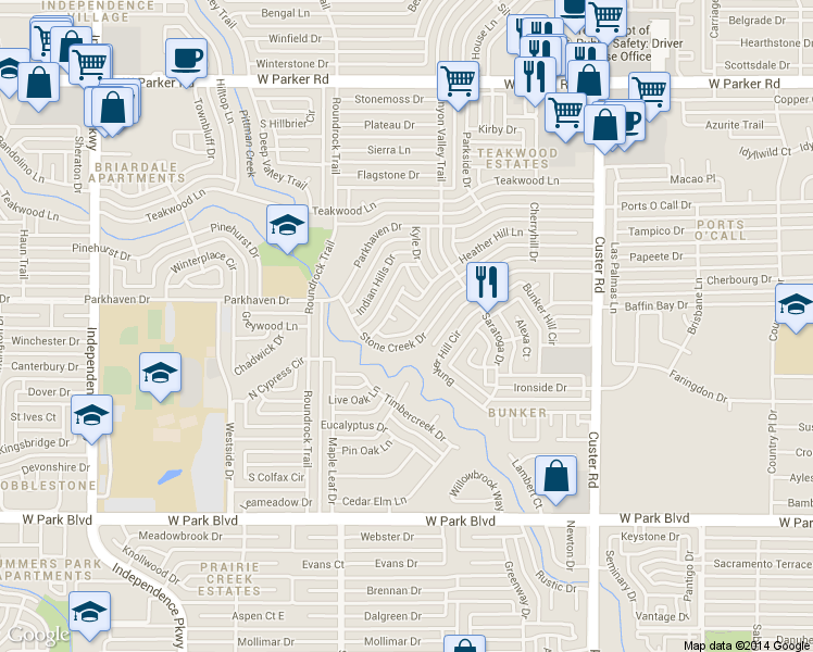 map of restaurants, bars, coffee shops, grocery stores, and more near 2510 Heather Hill Court in Plano