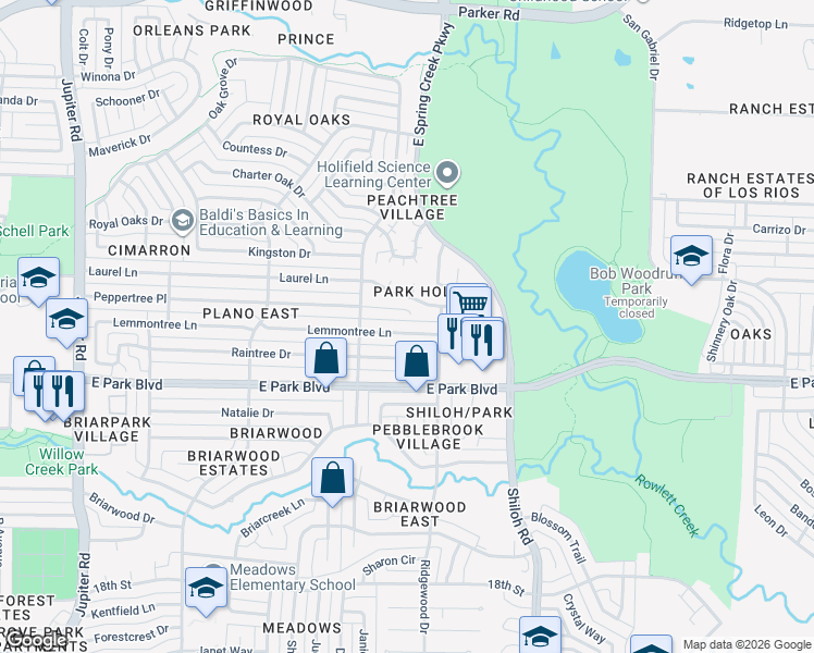 map of restaurants, bars, coffee shops, grocery stores, and more near 3303 Lemmontree Lane in Plano
